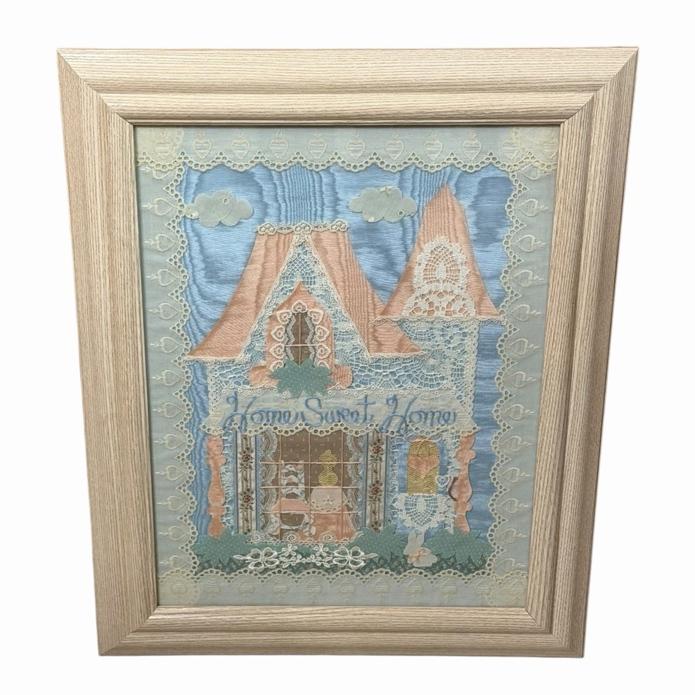 VTG Framed Mixed Media Lace Textile Art "Home Sweet Home" Victorian House 16x20